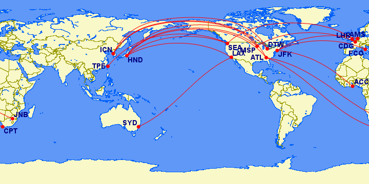 map showing routes where delta flies with suites