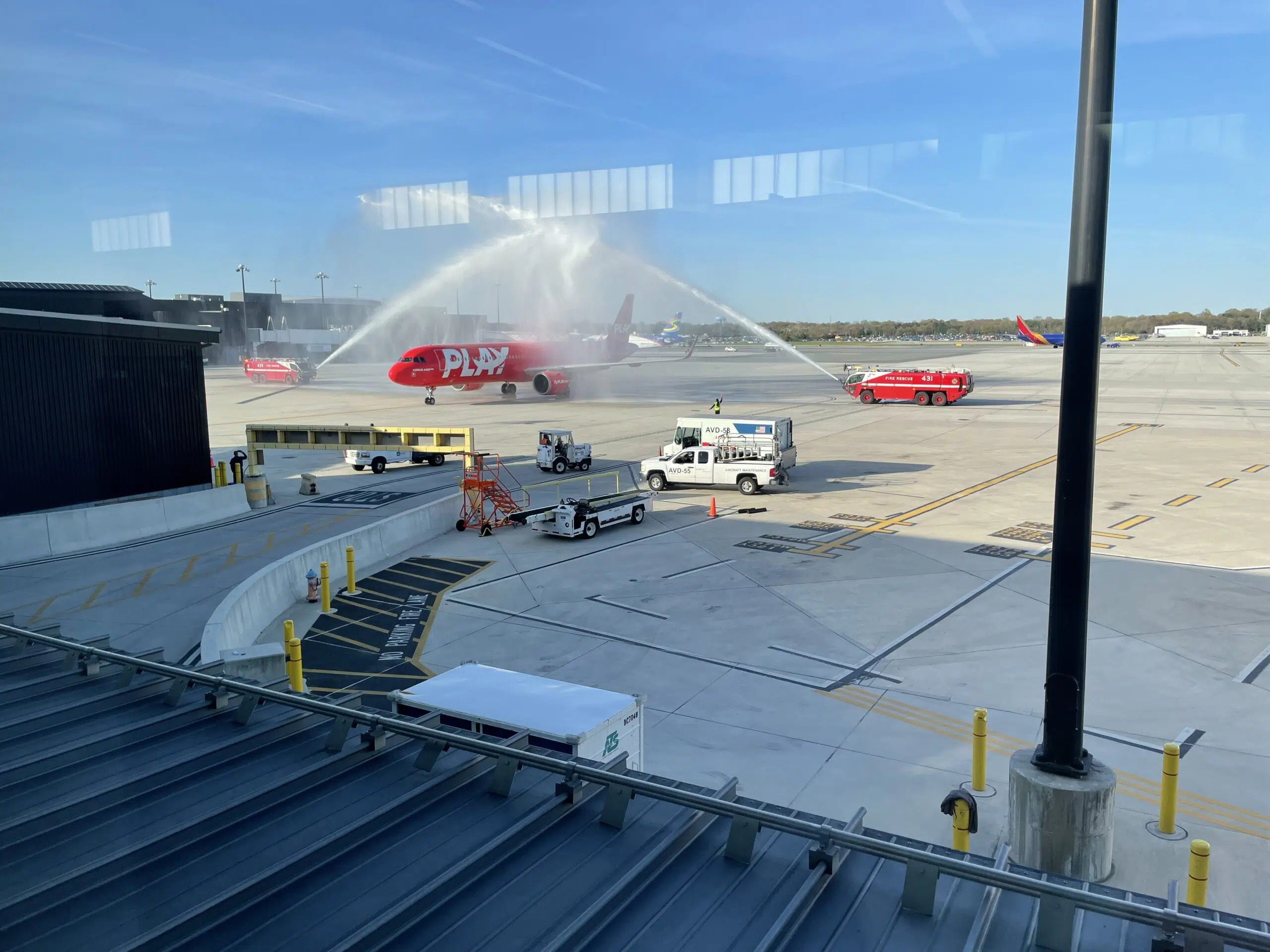 PLAY airlines plane getting a water cannon salute at the airport