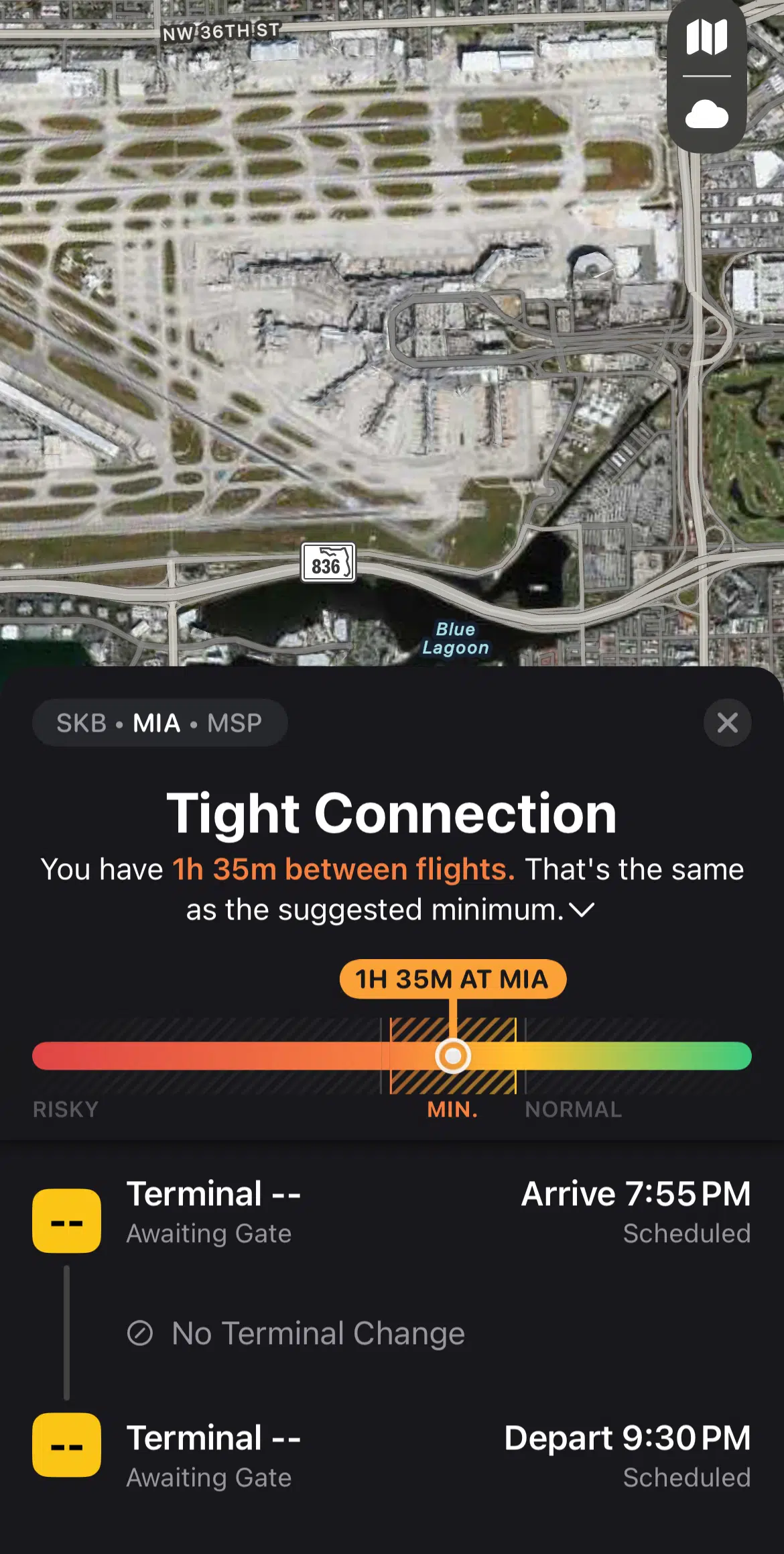 Tight connection screenshot on Flighty Pro