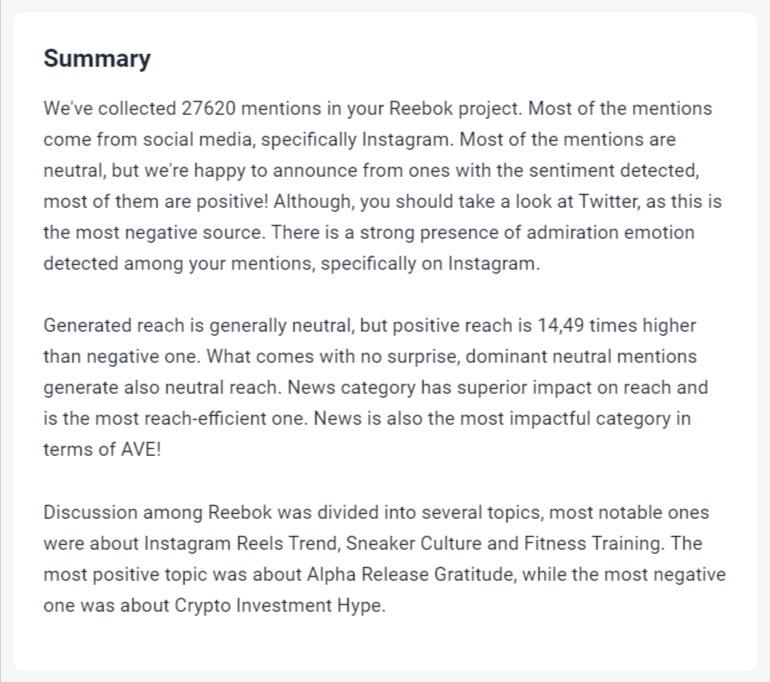 An example of a media monitoring project summary inside the Brand24 tool