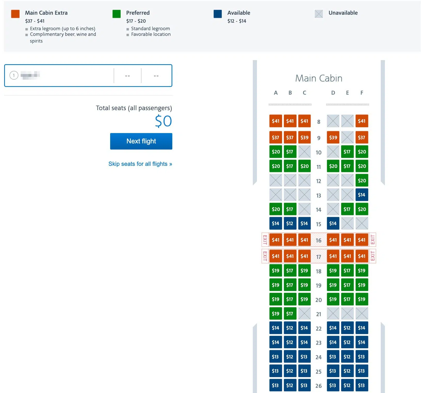 American Airlines seat map with seat selection fees