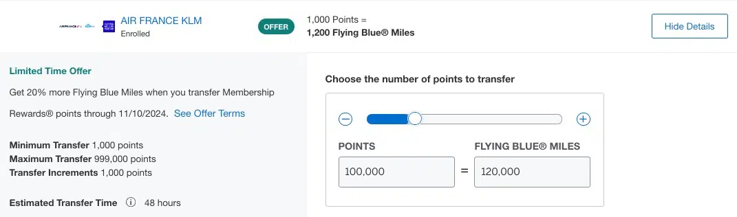 screenshot of a points transfer