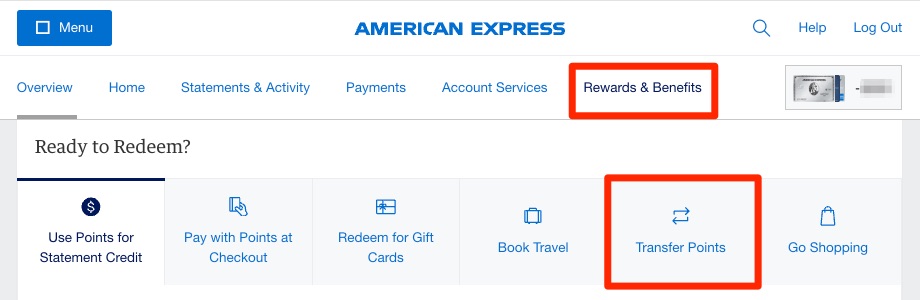 Amex Transfer Points Screenshot