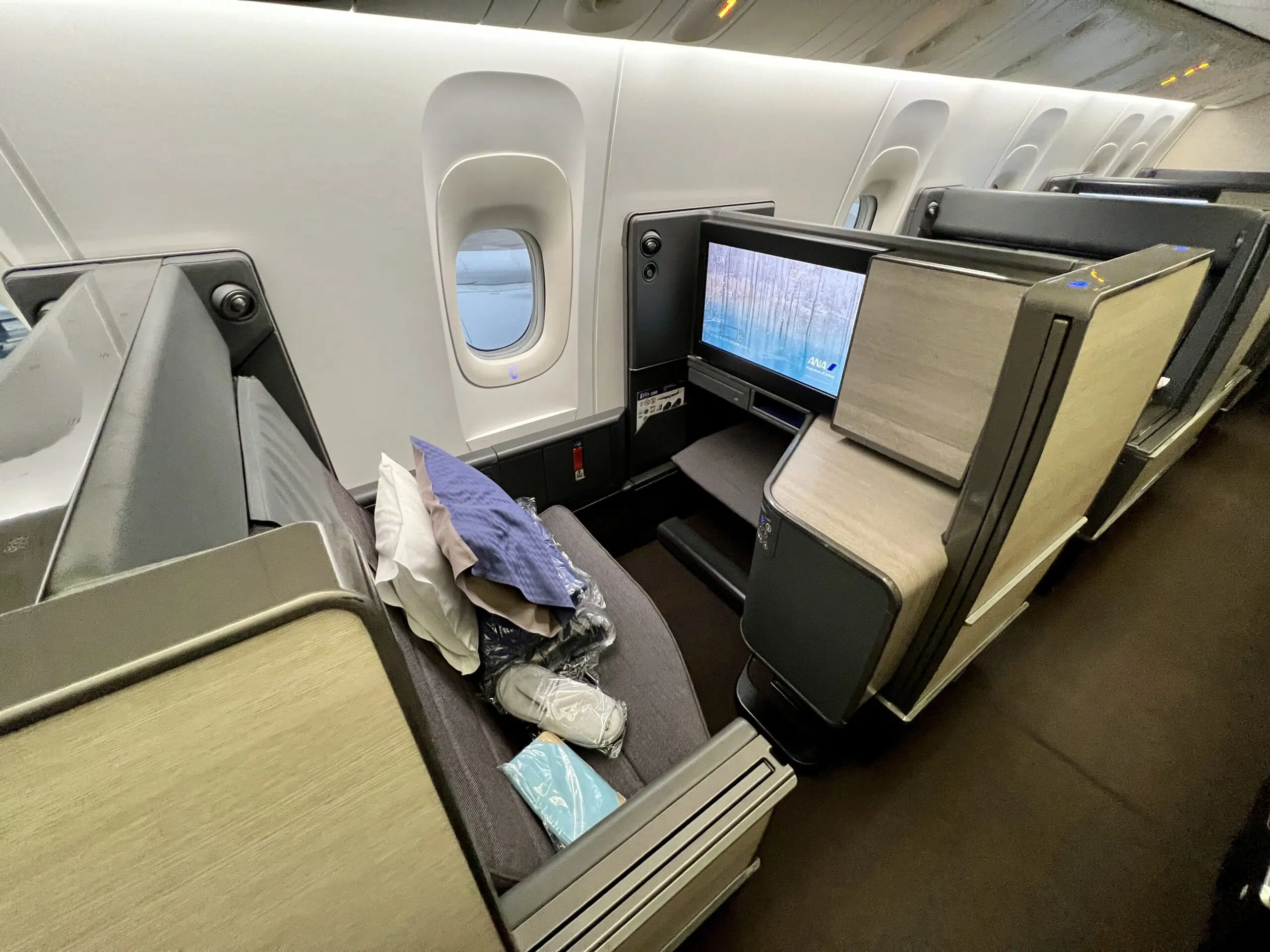 ANA business class seat with TV and airplane window