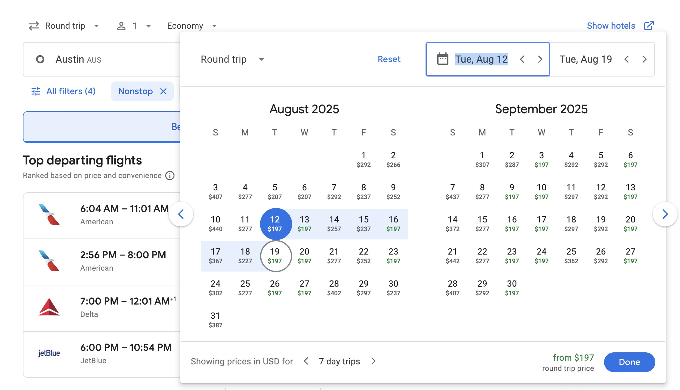 Austin to New York City airfare calendar