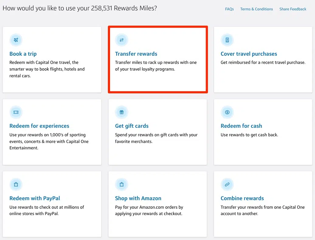 Capital One mile redemption options including transfer rewards
