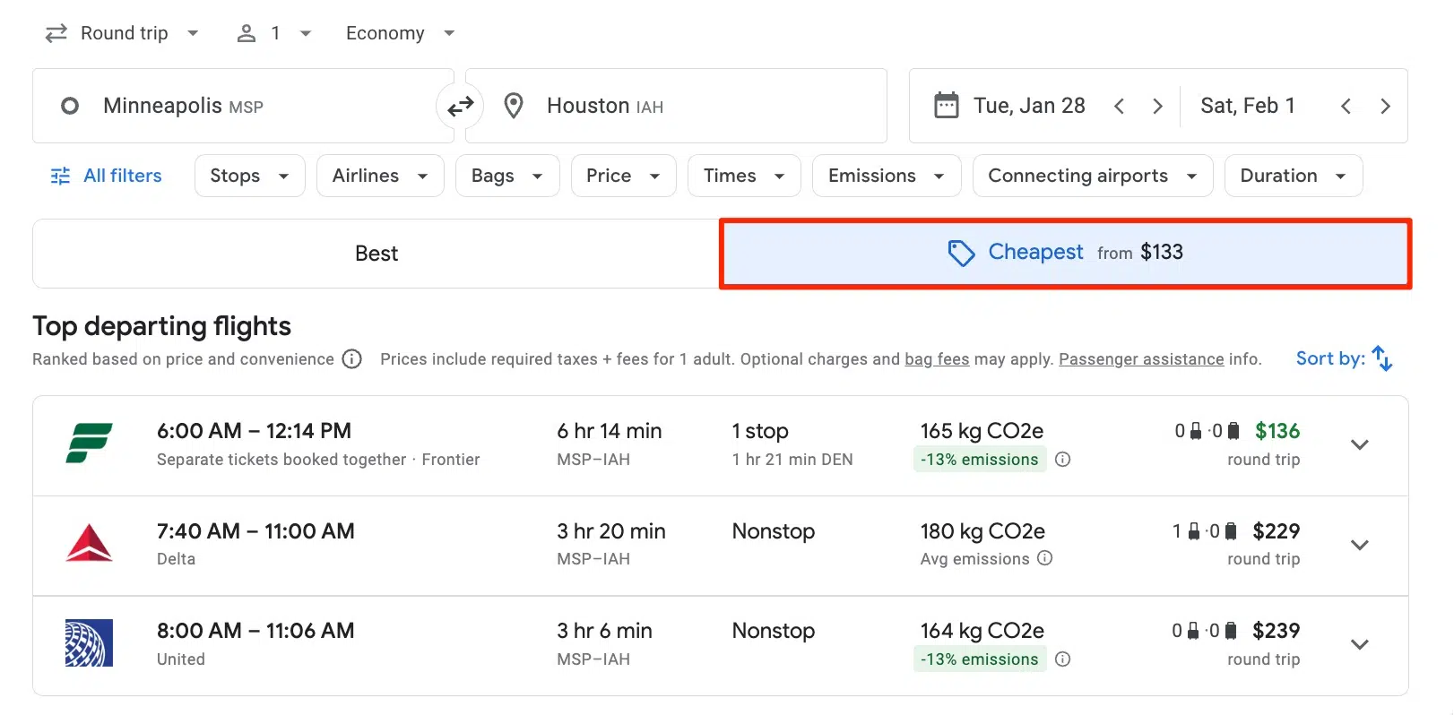 a google flights search with the cheapest fares tab selected