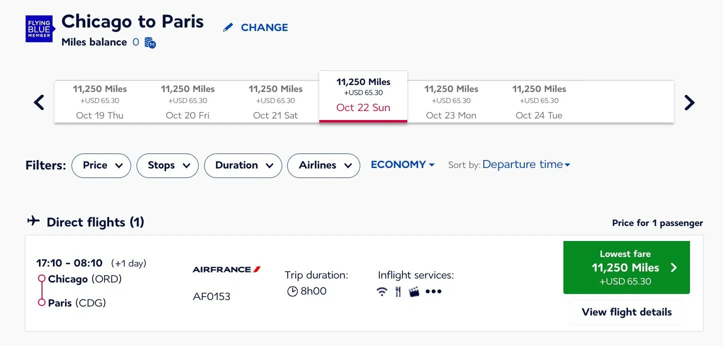 Air France economy award booking from ORD to CDG. 