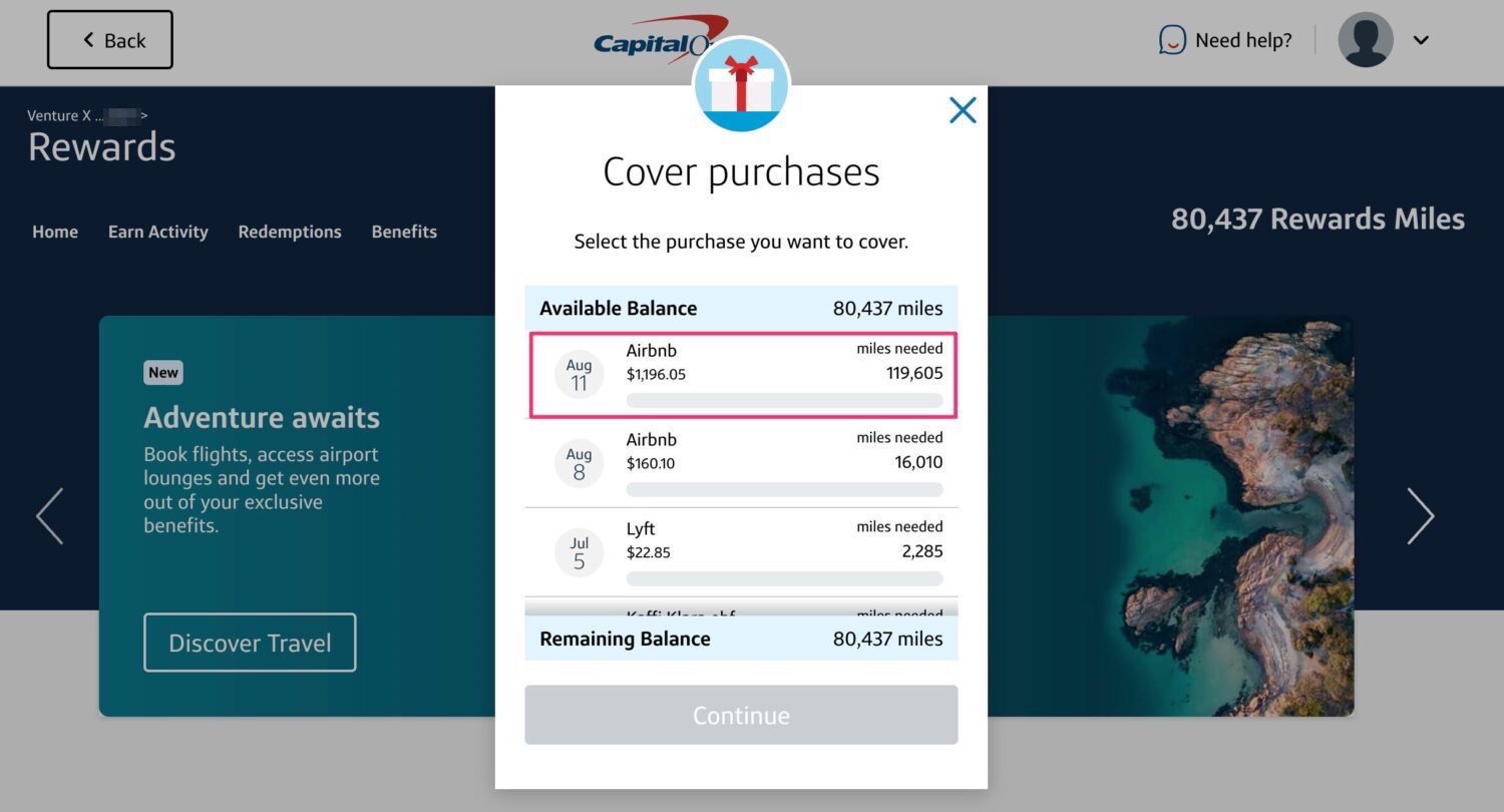 Covering an Airbnb purchase with Capital One Venture Miles