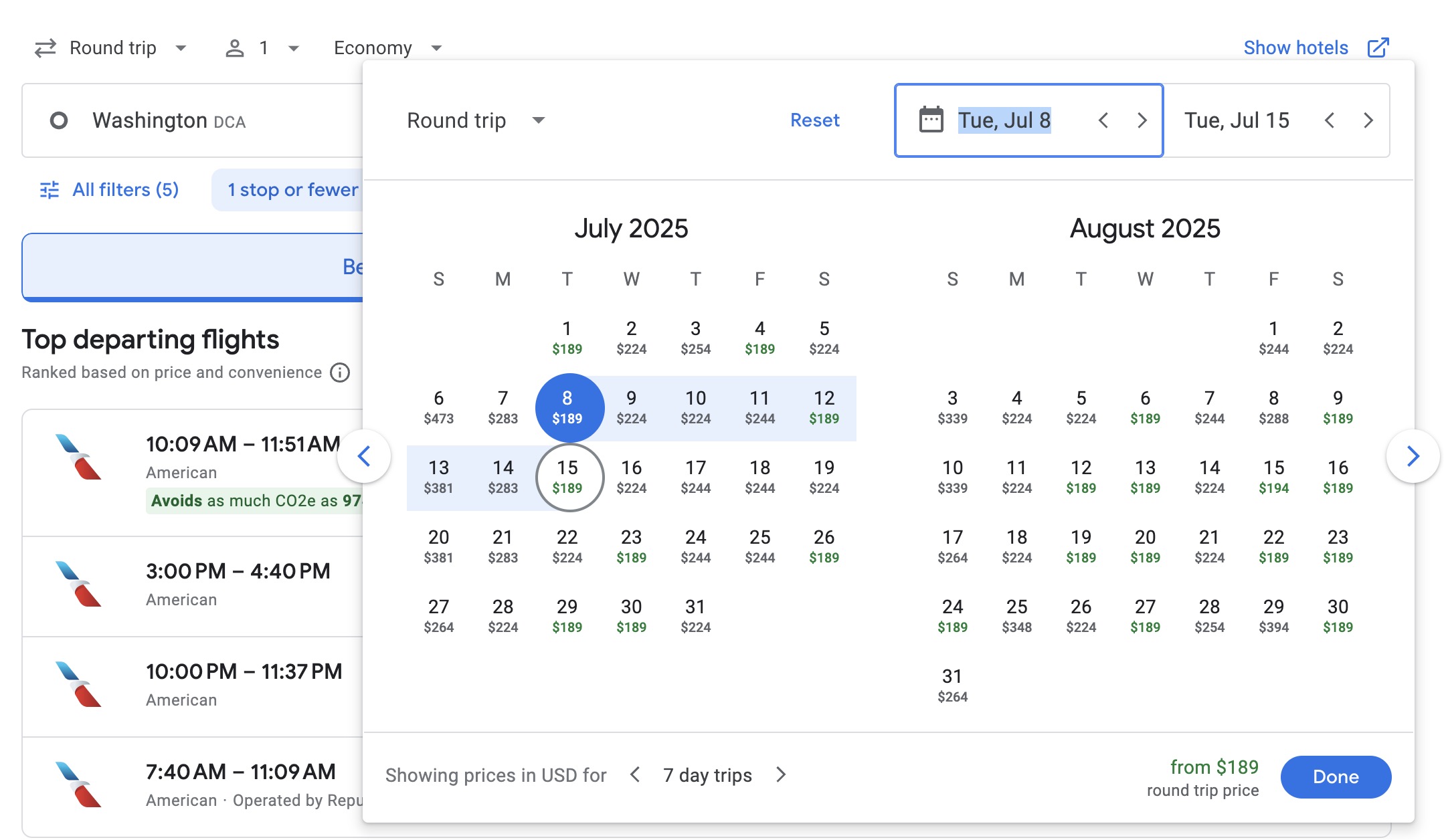 A calendar view of airfare between Washington D.C. and Portland, Maine