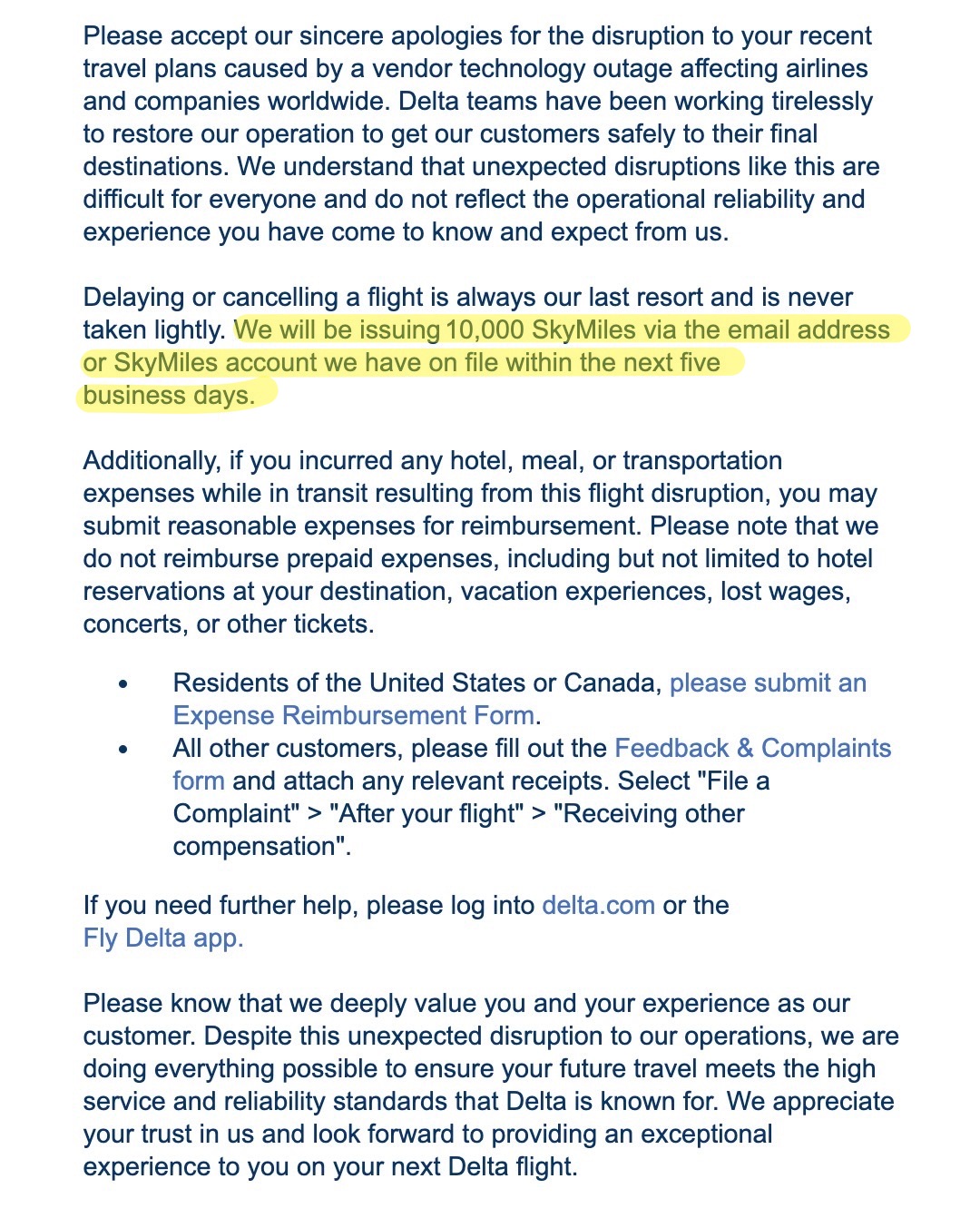 delta 10k skymiles letter