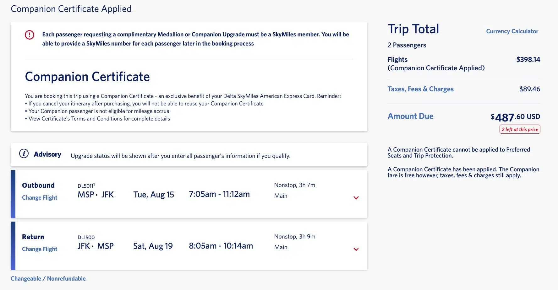 Delta roundtrip flight booking from MSP to JFK using a companion certificate. 