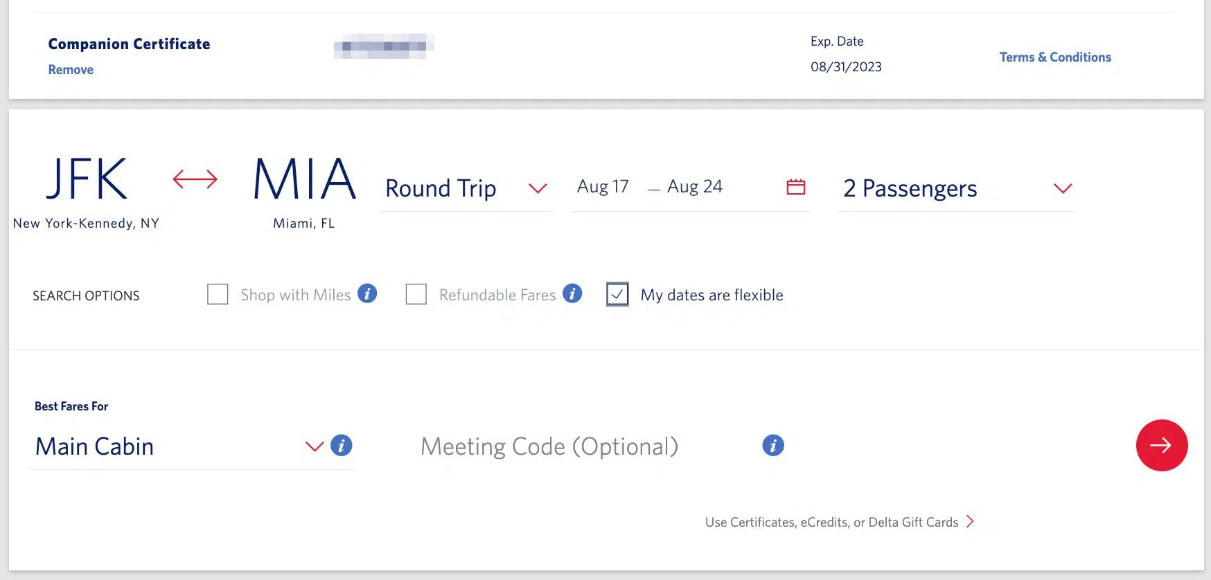 Flexible dates search on Delta's website from New York to Miami 