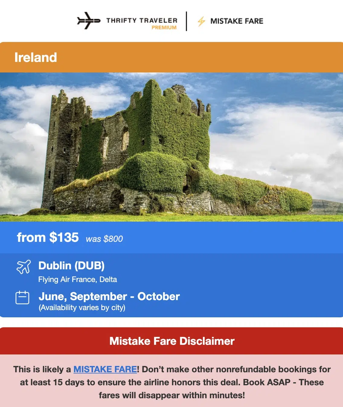 a thrifty traveler premium flight deal to Dublin for $135 roundtrip