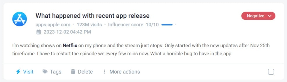 Negative App Store review detected by the Brand24 tool