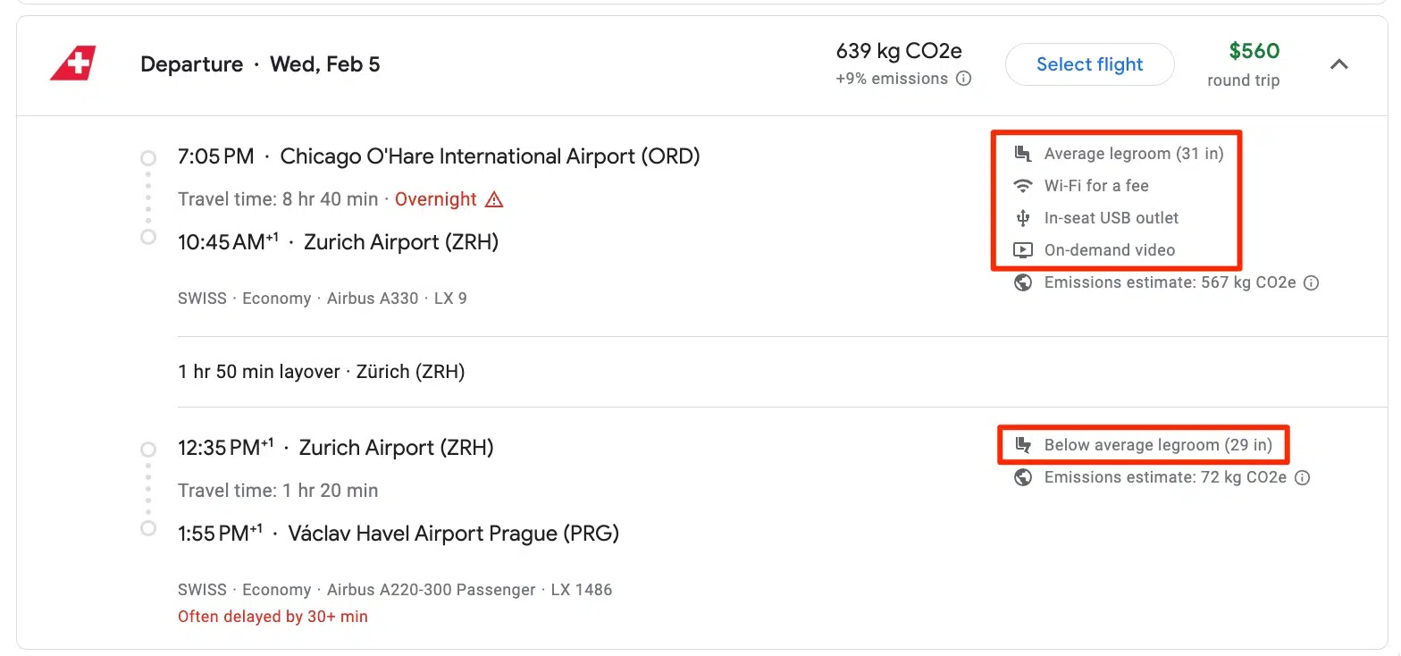 google flights amenities