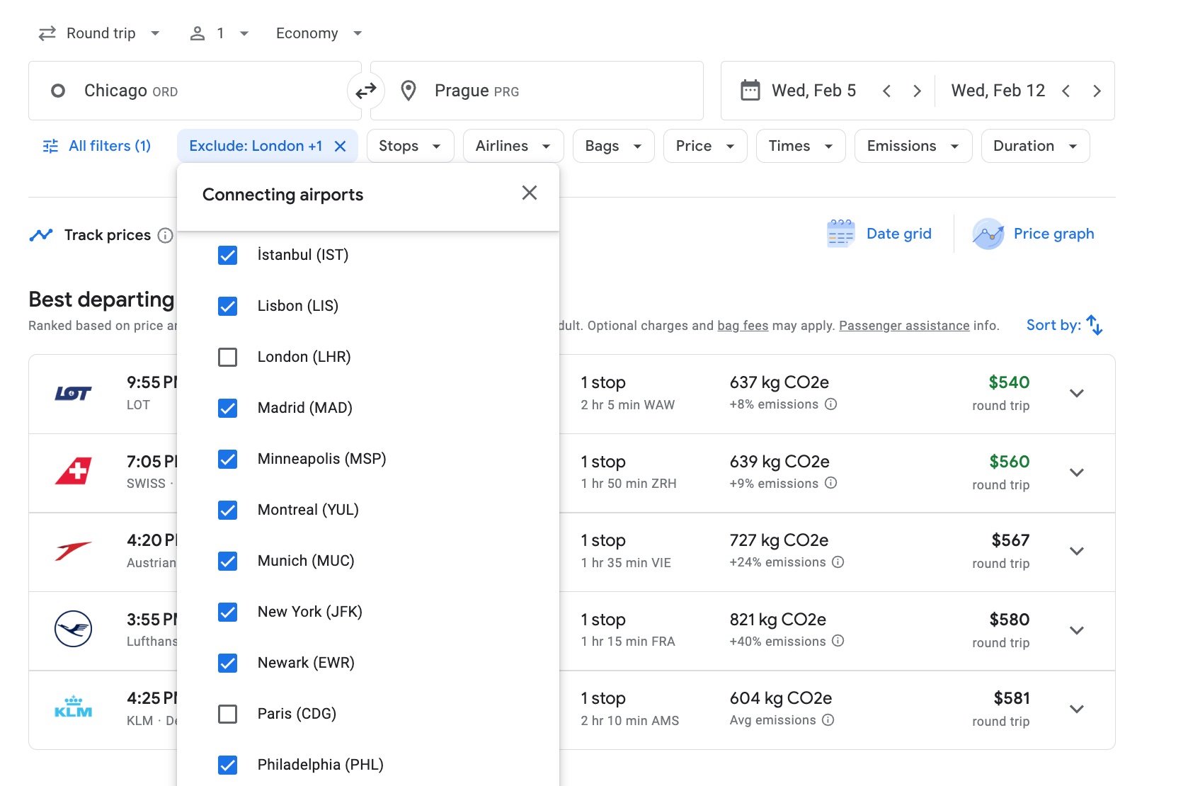 google flights connecting airports