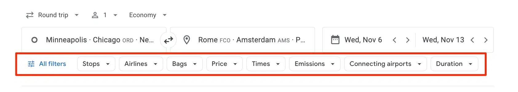 google flights filters