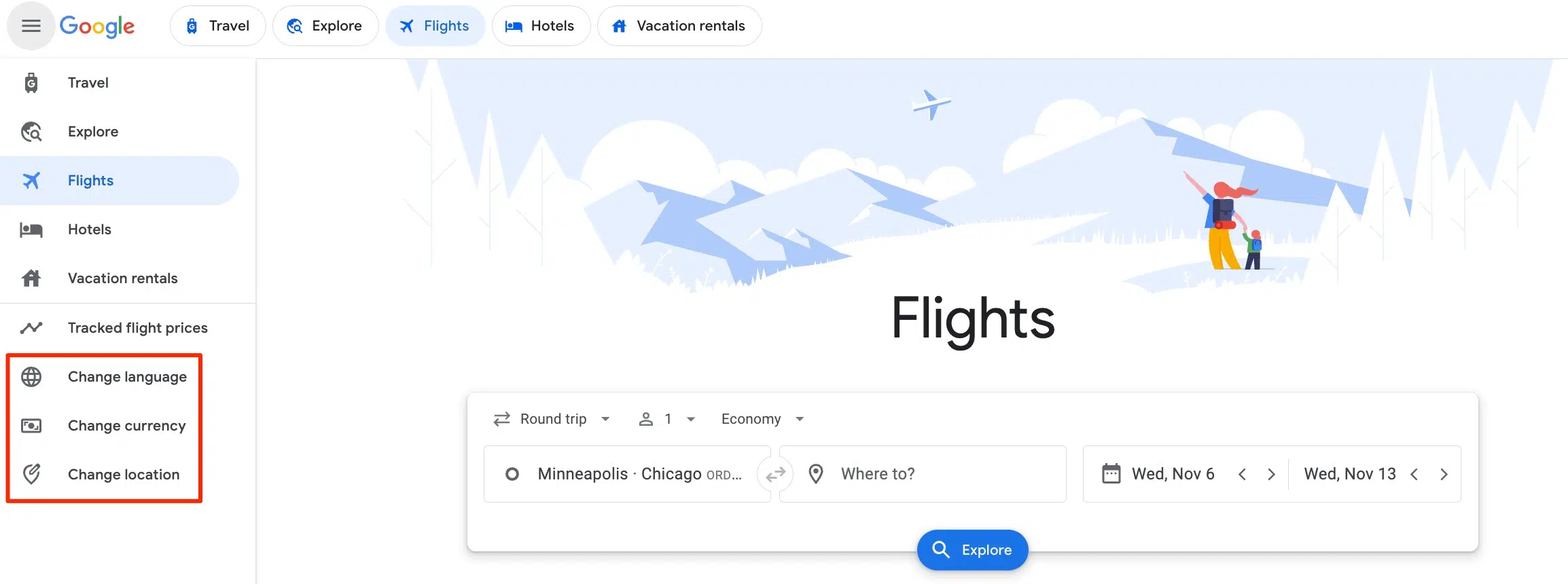 google flights menu options