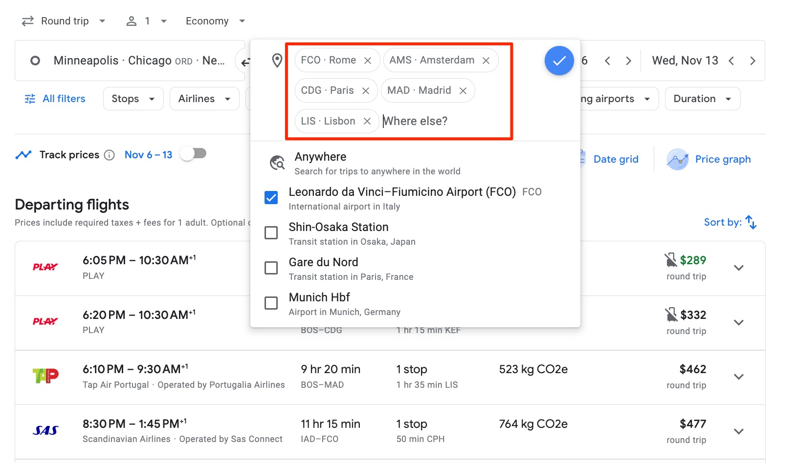 google flights search with multiple destination airports