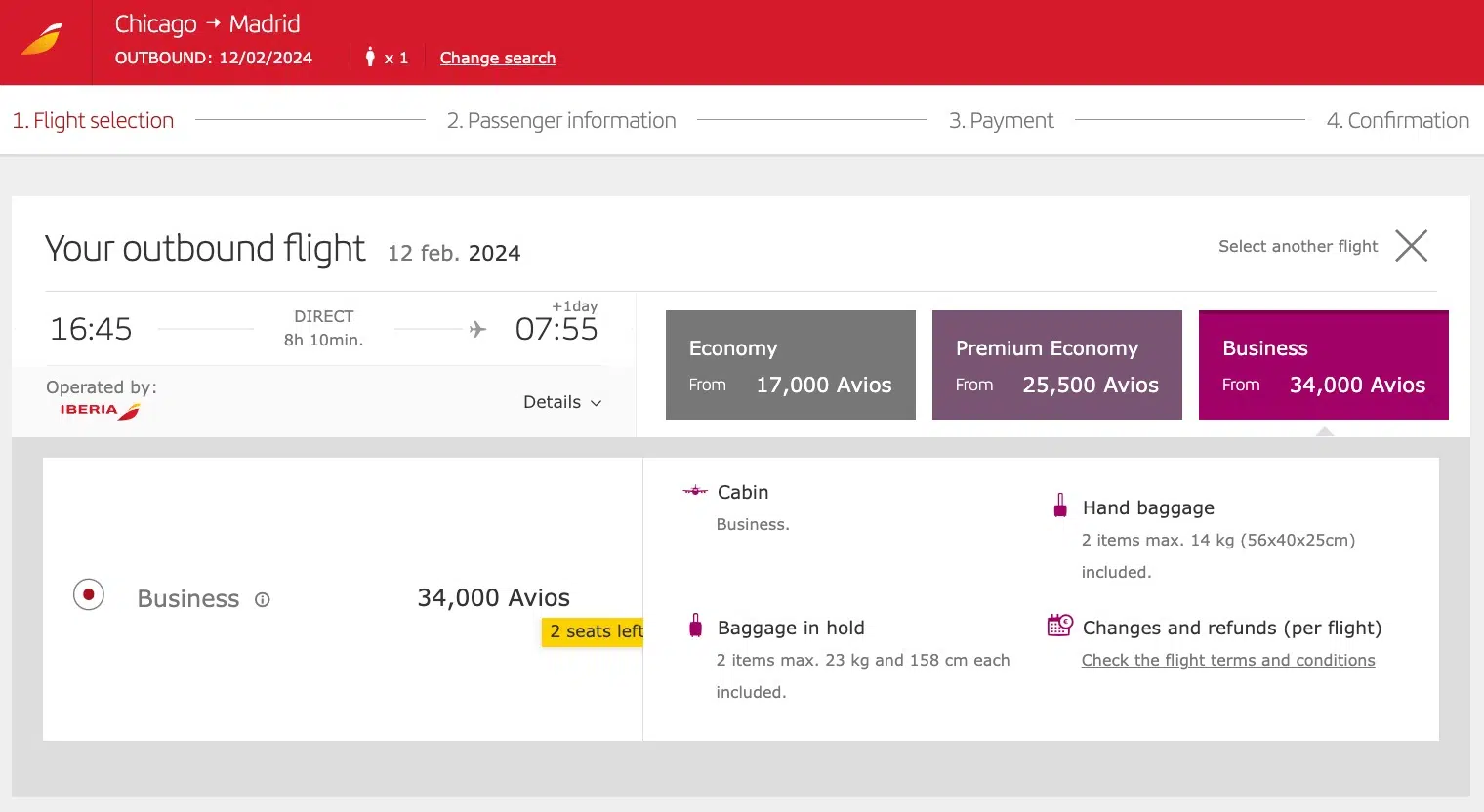 Iberia business class point redemption from ORD to MAD.