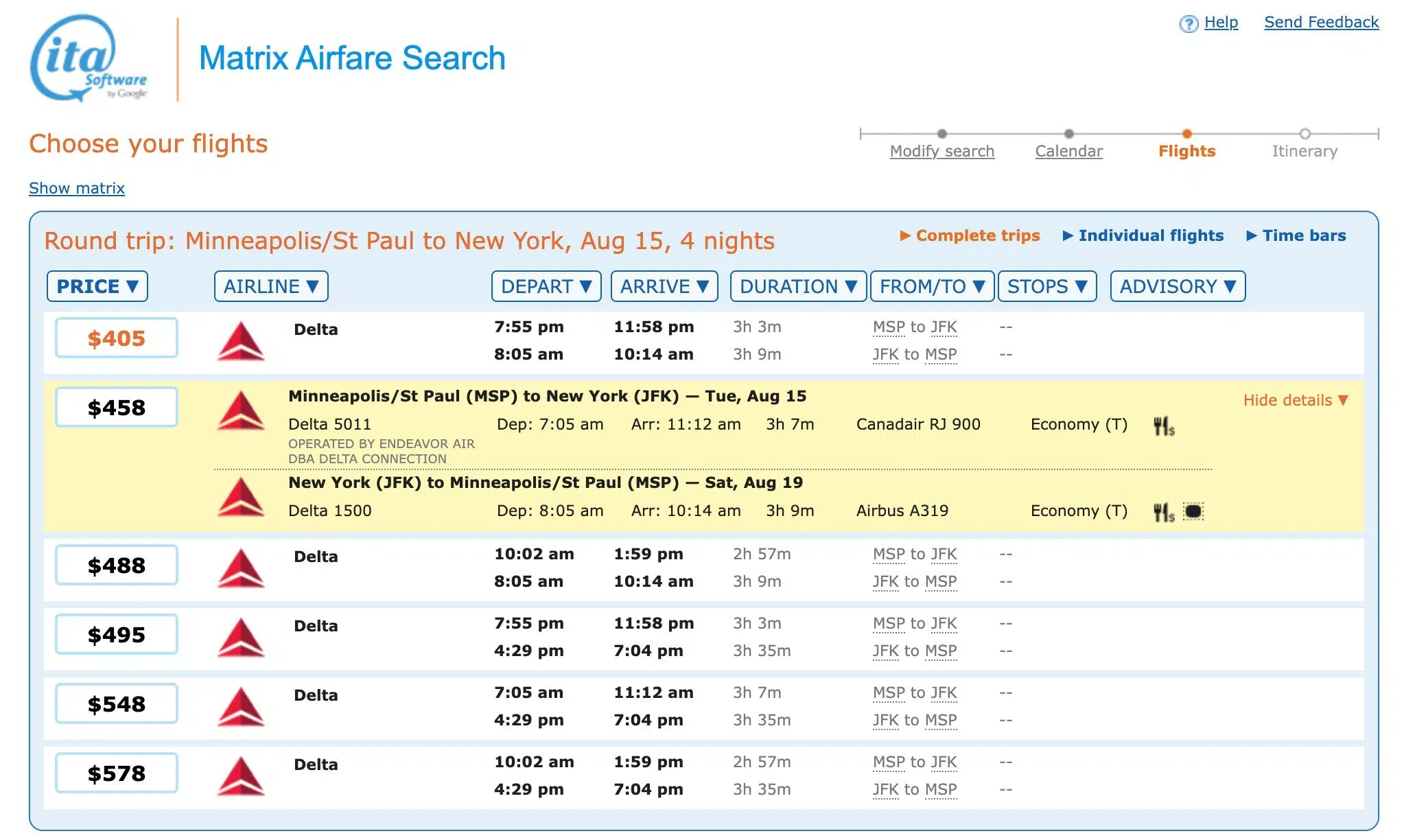 list of delta flights from an ITA matrix search