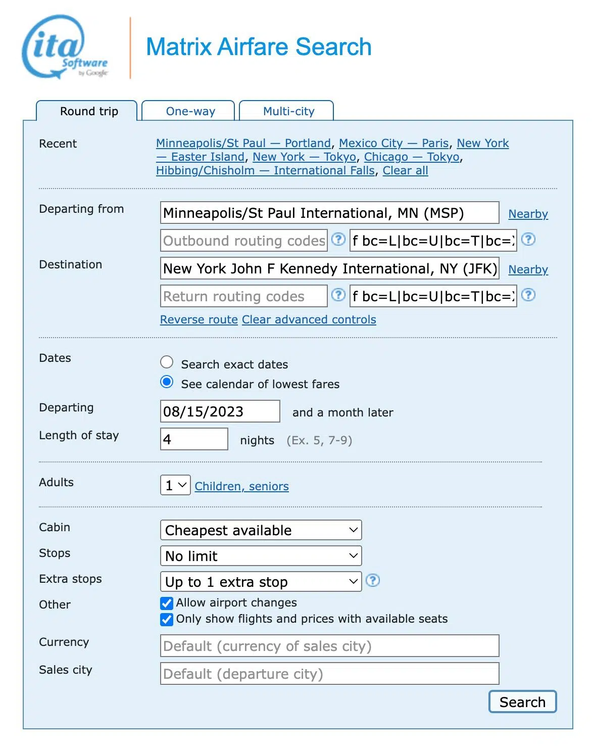 example of a flight search on ITA matrix