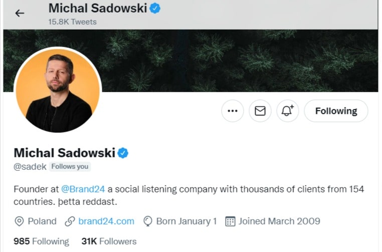 Twitter profile of Michał Sadowski, CEO at Brand24