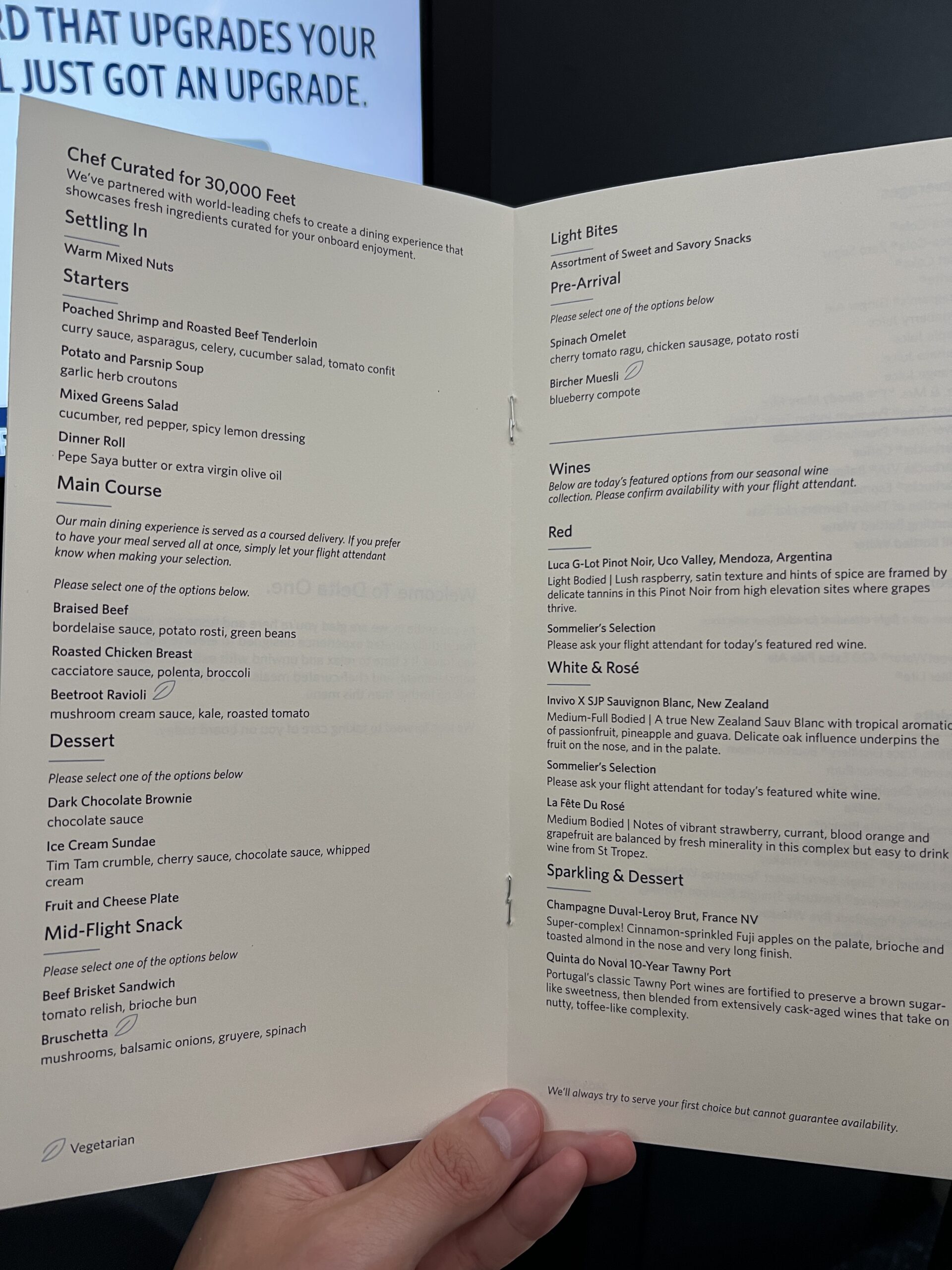 airplane business class menu with food and drink choices