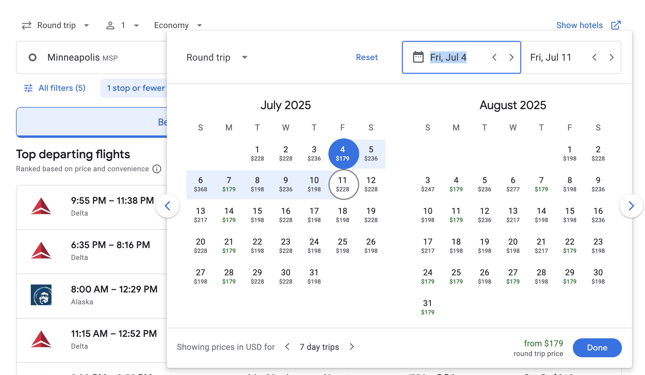 Minneapolis to Portland airfare calendar on Google Flights