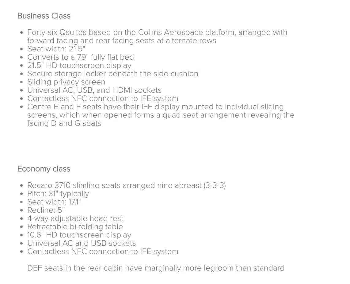 seat details for business class and economy class 