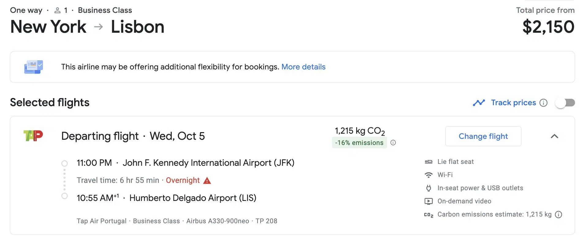 TAP Business Class fare on Google Flights