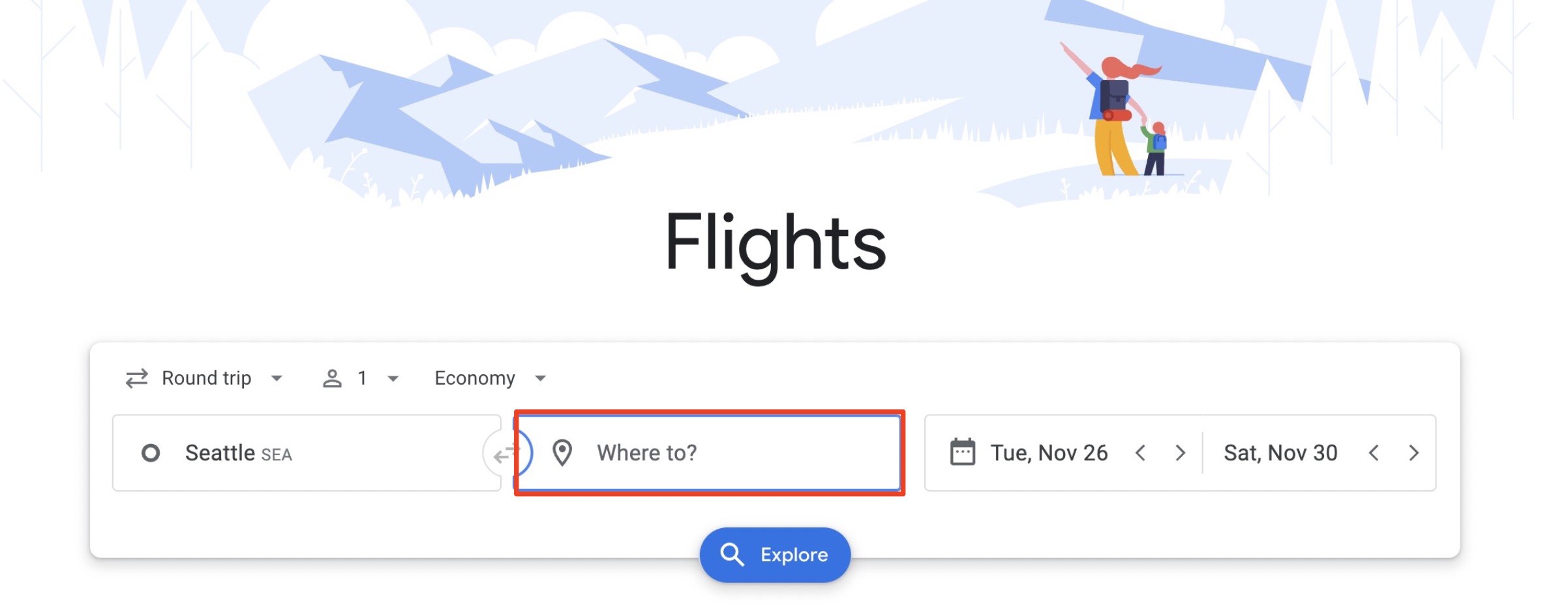 A screenshot of google flights explore with the destination box highlighted. 