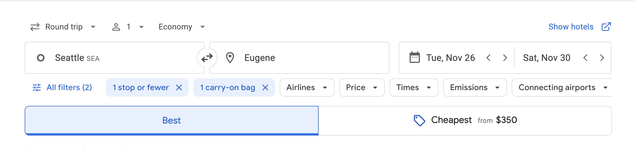 Google Flights search filtered for bags and stops