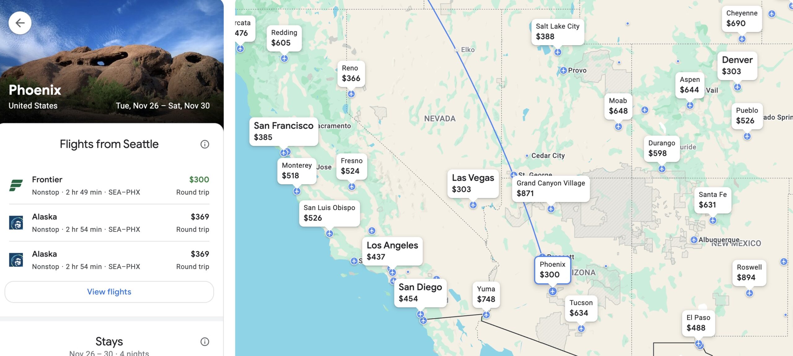 map of flight prices with phoenix selected