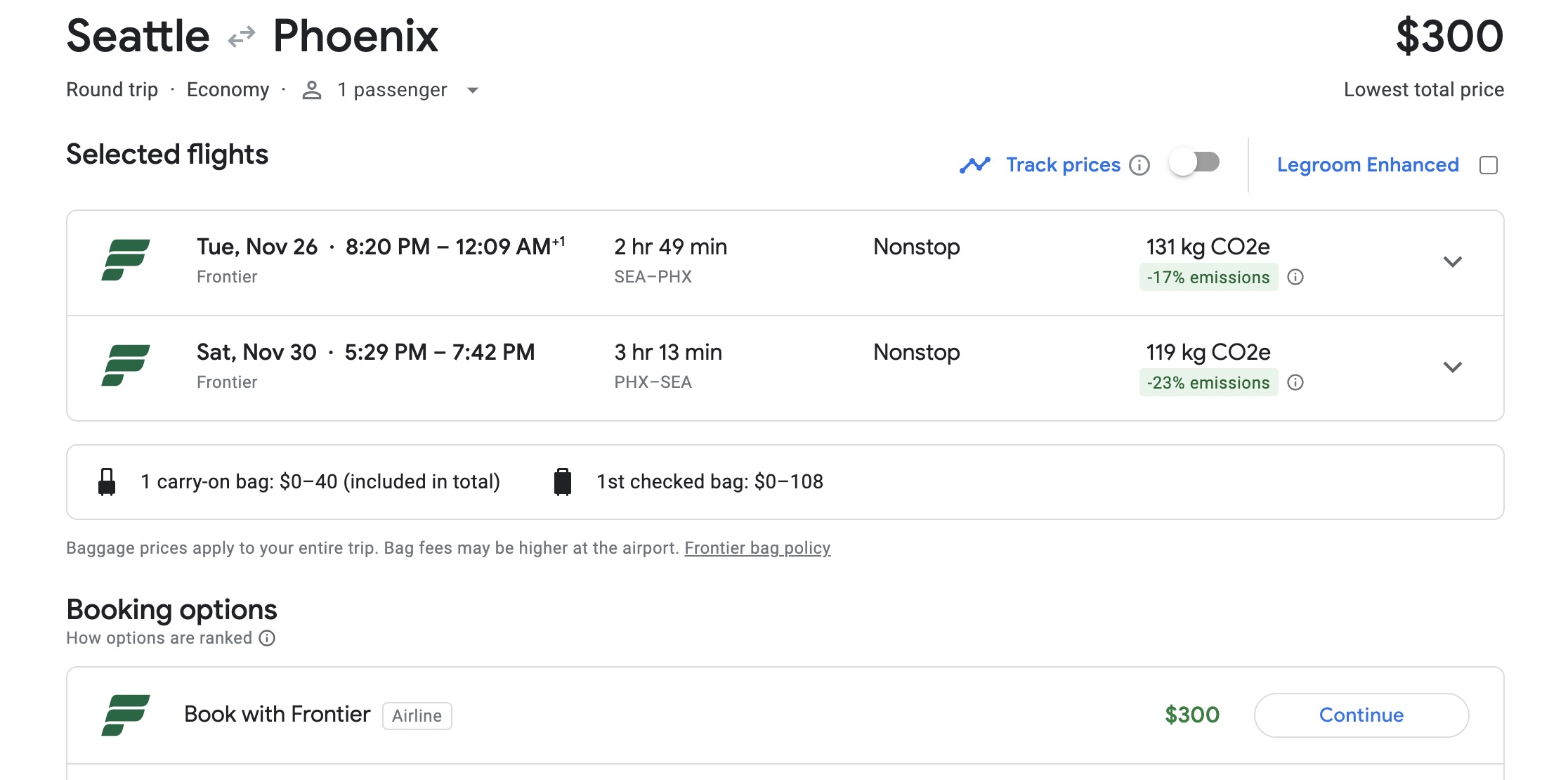 Seattle to Phoenix airfare on Frontier Airlines