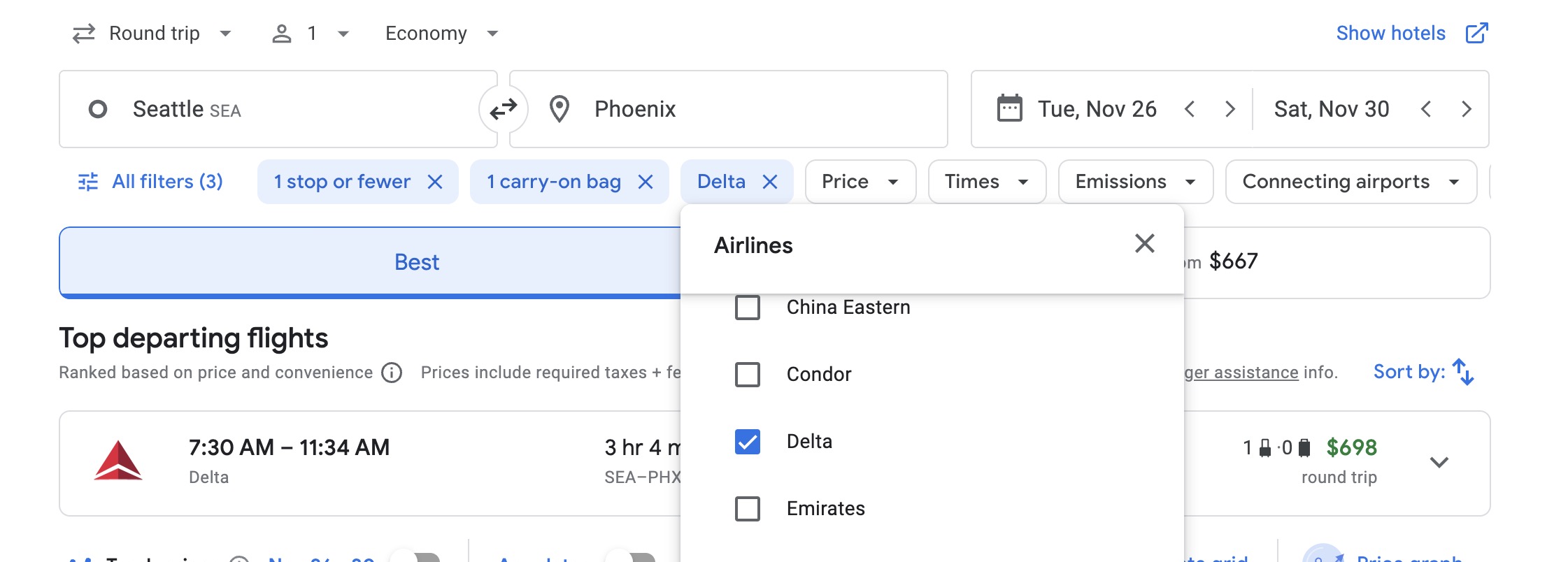 Delta search on Google Flights Explore