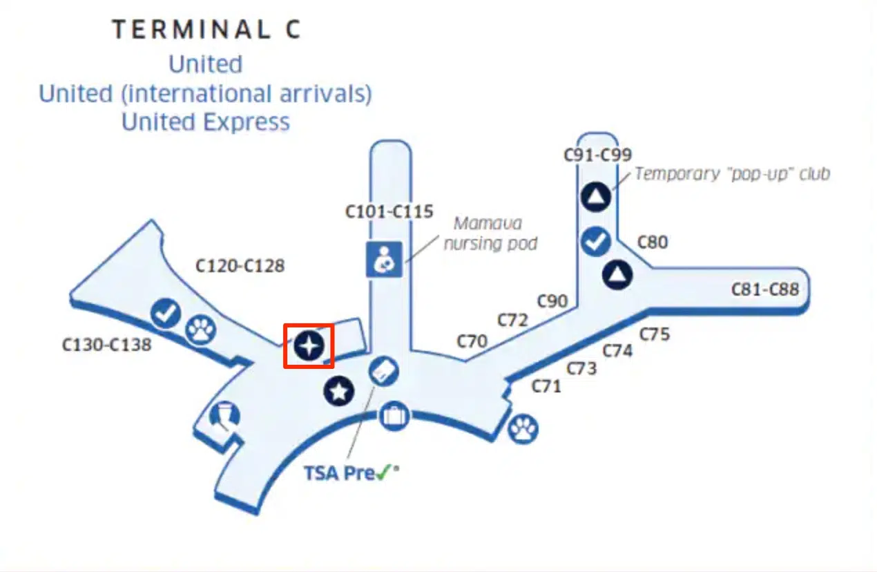 map showing the location of the united polaris lounge newark