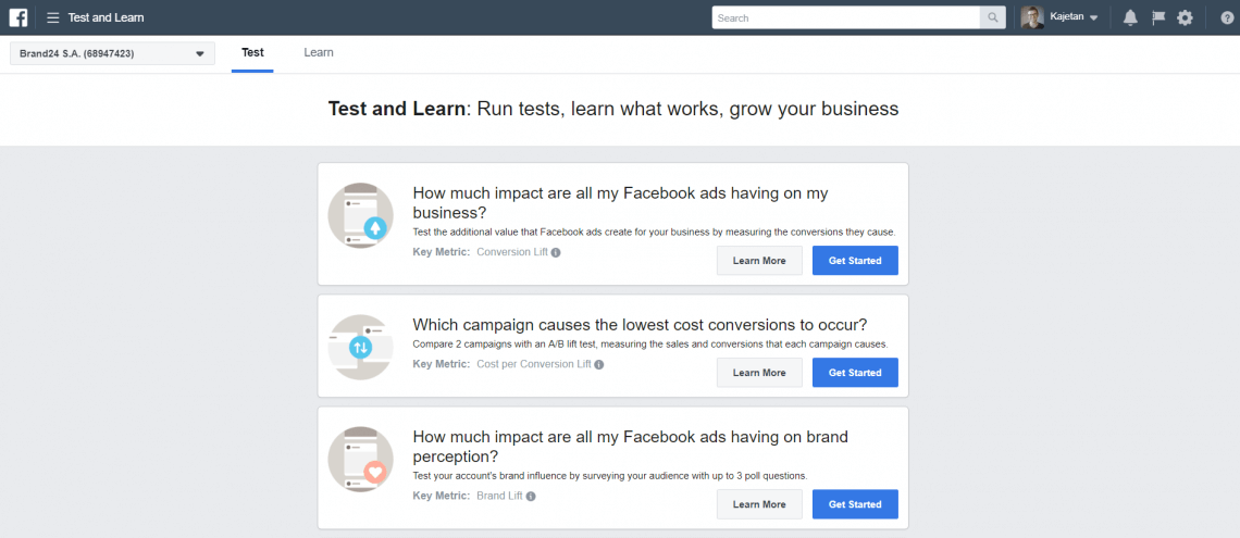 Facebook Test and Learn options