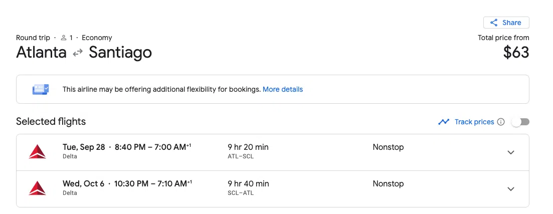 a cheap flight from atlanta to santiago for $63