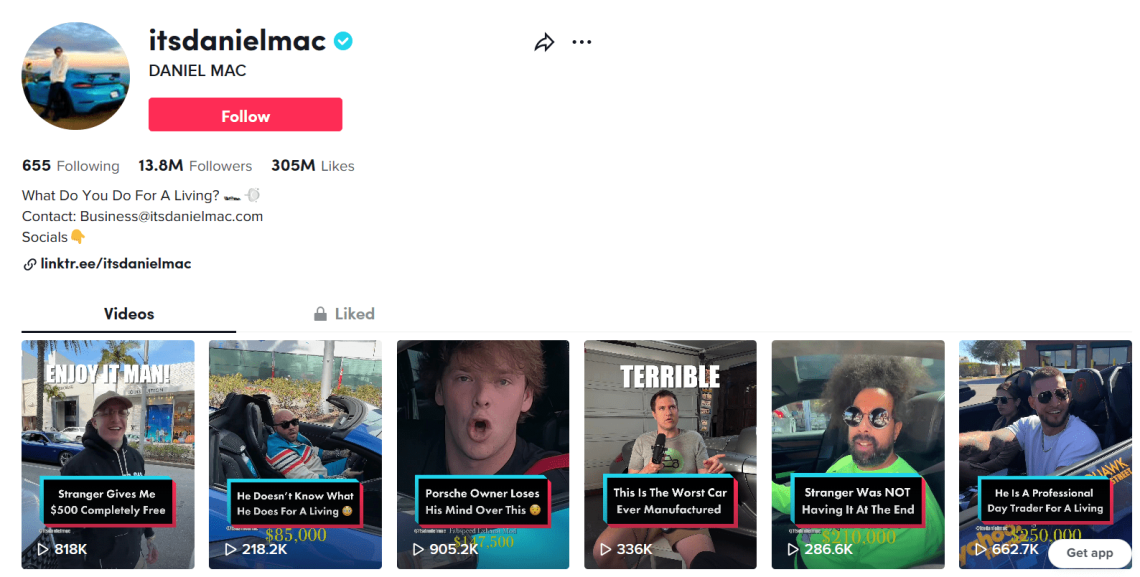 Example of eye-catching thumbnails - Daniel Mac on TikTok