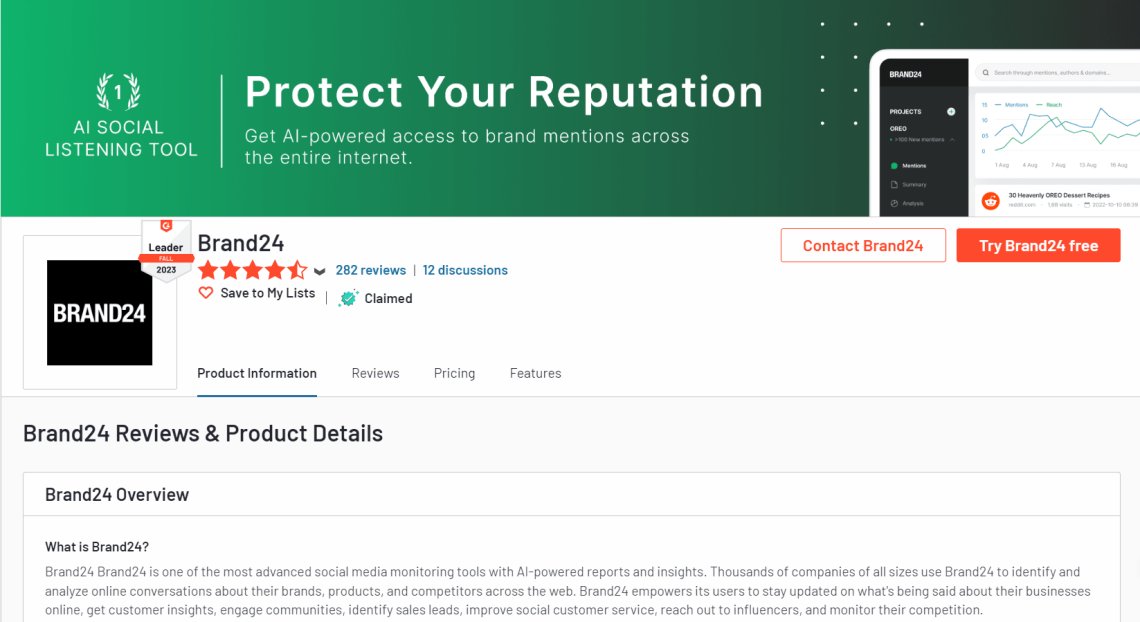 Brand24 on G2 reviews platorm