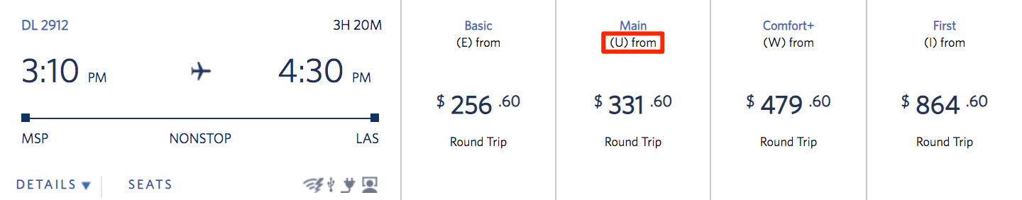 fare classes for a delta flight from Minneapolis to Las Vegas