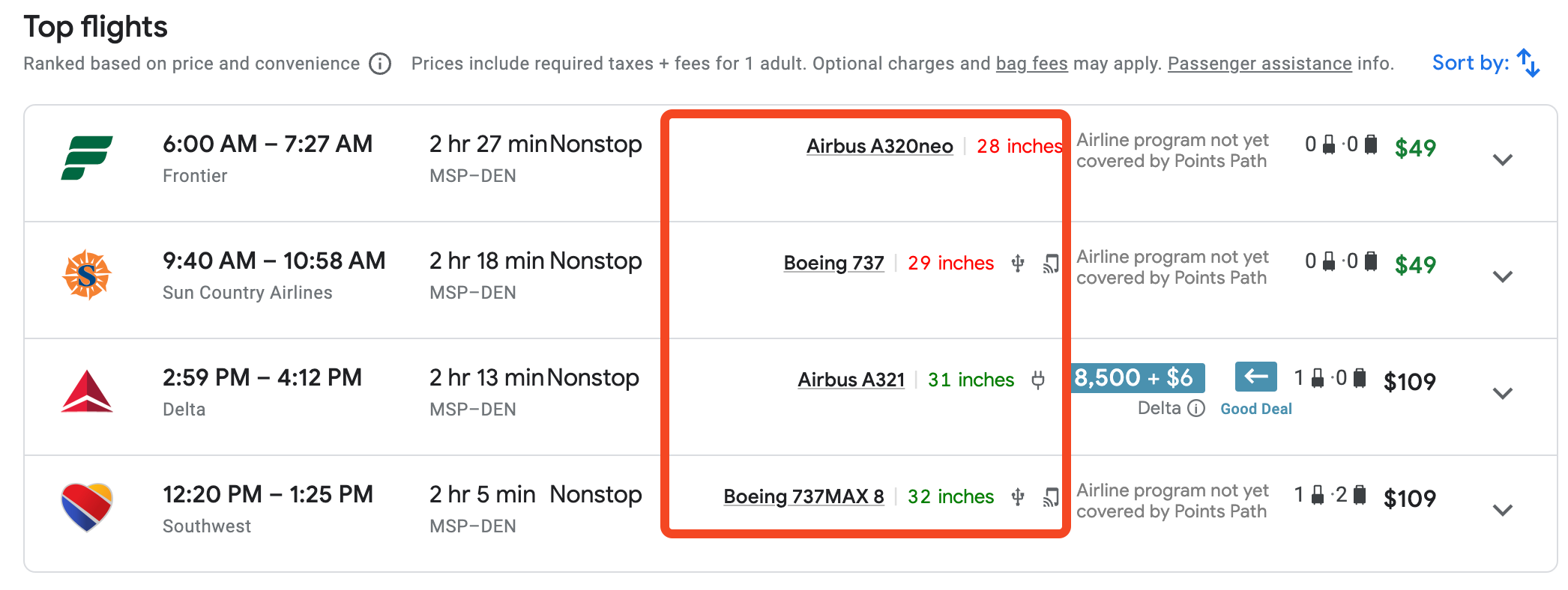 Google Flights search for Minneapolis to Denver flights with the Legrooms extension