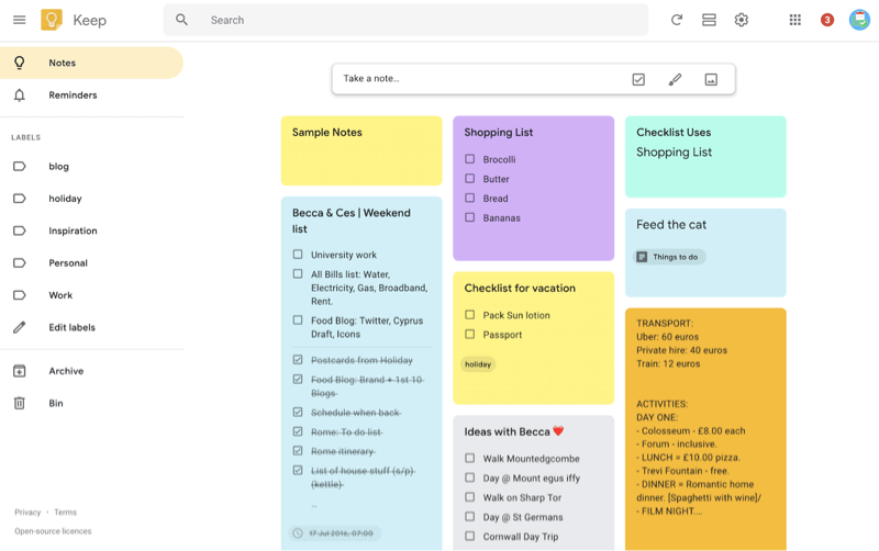 An image of Google Keep, a good tool for PR