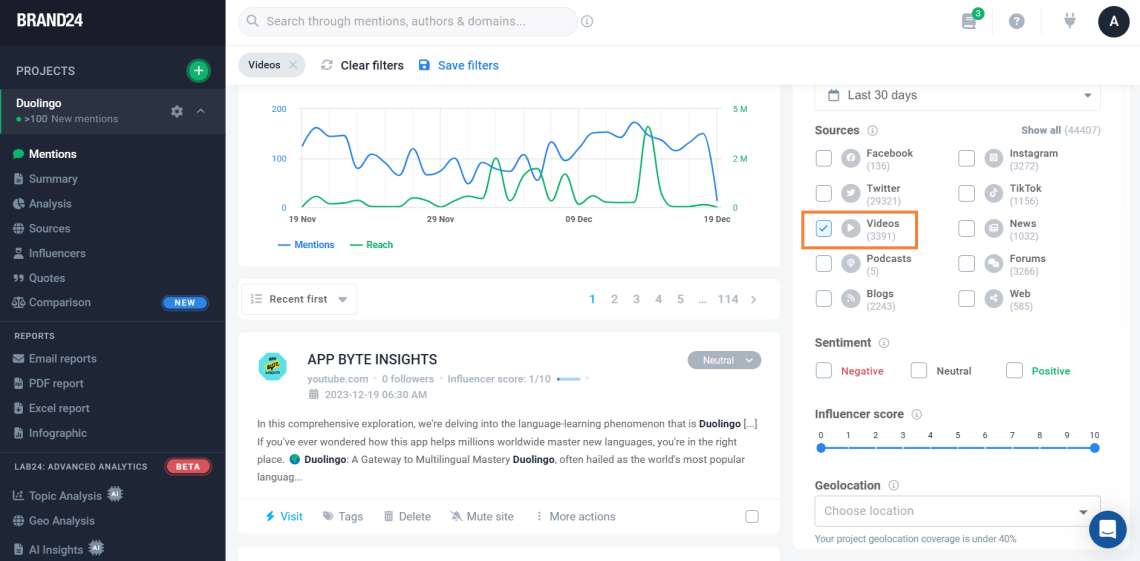 Brand24: Duolingo monitoring on YouTube