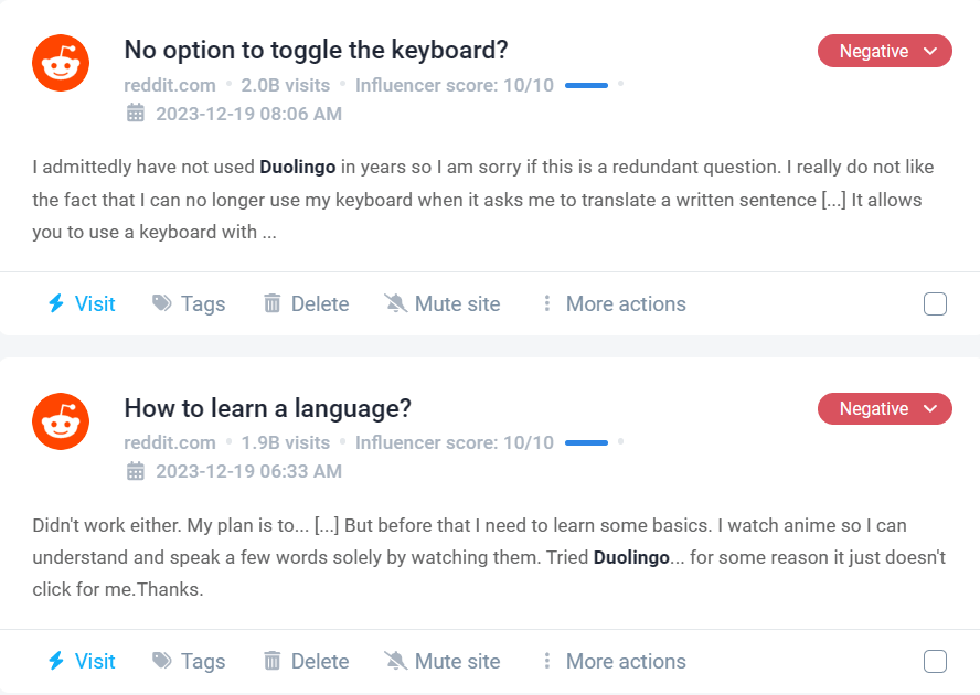 Negative mentions of Duolingo detected by Brand24