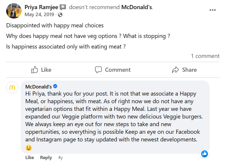 McDonald's review with the company's answer