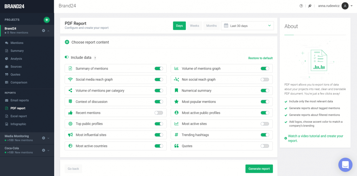 A screenshot showing PDF Reports creator