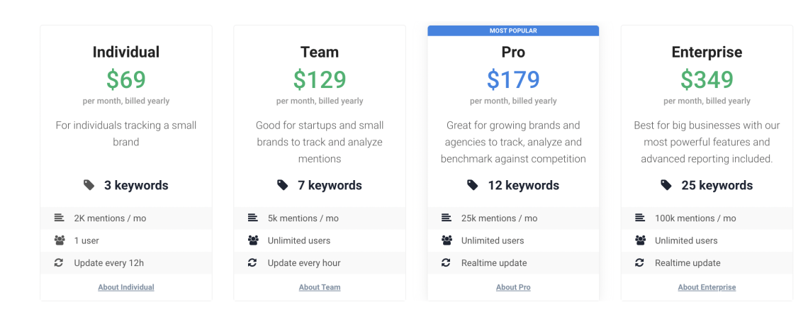 Alternative to Google Alerts - Brand24 pricing plans.